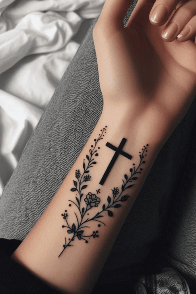 cross with flowers tattoo
