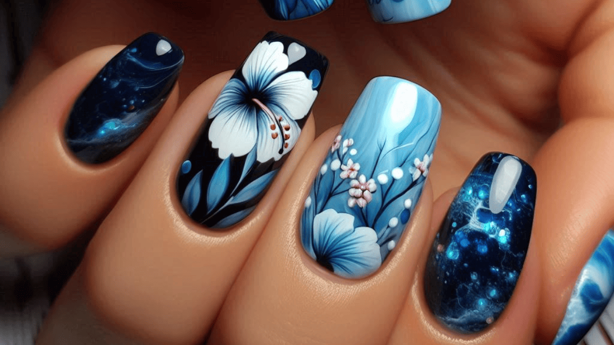blue hibiscus flower nails
